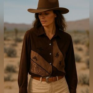 TANJAY | Vintage Brown Mixed Media Animal Print Embroidered Button Up Blouse